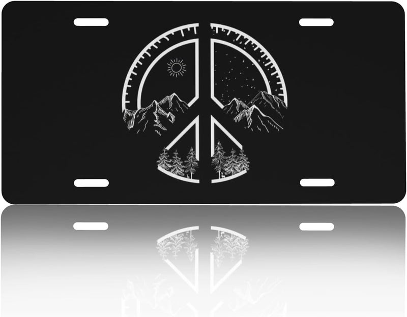 CTVSLFU Front License Plate Cover – Aluminum Metal Car Accessory, Rust-Proof Novelty Vanity Tag Decor for Men & Women, 6x12 with 4 Holes - Black White Peace Mountain 013 - Image 1